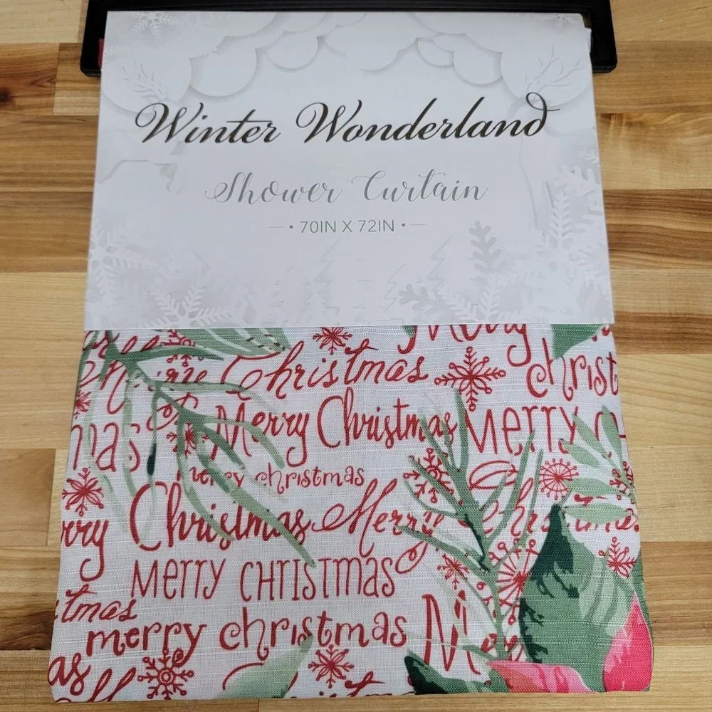 Christmas Shower Curtain Poinsettia's Merry Script Snowflakes Holiday Bathroom